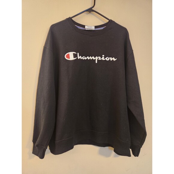 Champion Men's 2X Black Powerblend  Crew Neck  Script Logo Pullover Sweatshirt - Picture 1 of 8